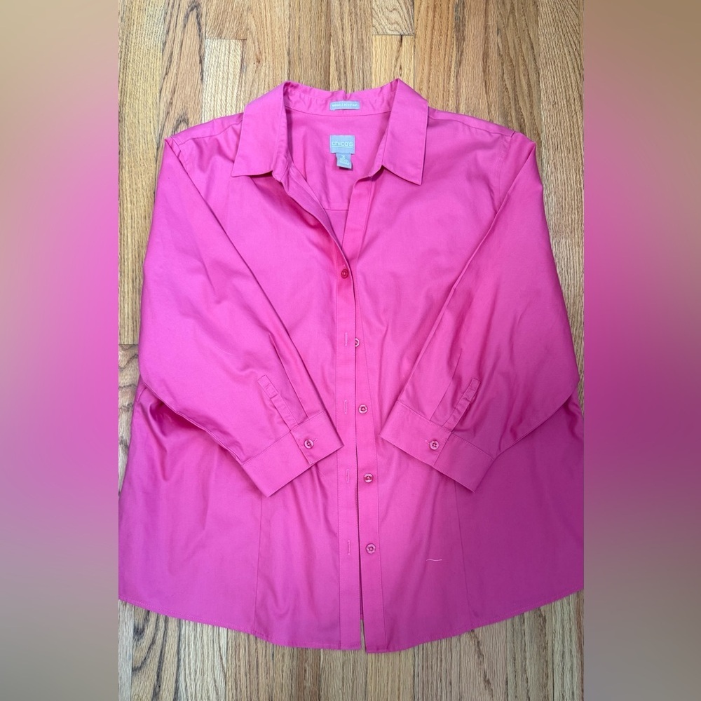 Chico's Blouse 100% cotton non-iron hidden button-up 2/3 sleeves Pink  3 (XL-16) - Picture 2 of 7